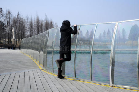 夹克 中国人 瓷器 花园 玻璃 边缘 步行 辰山 女人 冬天