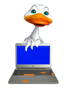 有趣的鸭子卡通人物与笔记本电脑