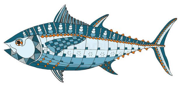 蓝鳍金枪鱼Zentangle风格化，矢量，插图，免费