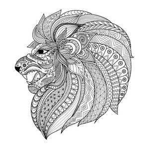 详细的Zentangle风格狮子为T恤图形，着色书页为成人，卡片，纹身等