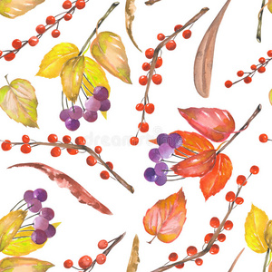 一种无缝图案，带有水彩森林元素的花卉装饰树枝上的红色和黄色的秋叶，浆果