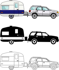 不同类型的汽车和旅行拖车隔离在白色背景上的平面风格彩色，黑色轮廓，轮廓