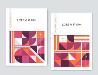 小册子传单封面设计。 抽象的几何背景。 粉红色，橙色，白色，灰色三角形，正方形和圆圈。