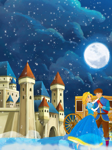 卡通场景与王子和公主图像为一些童话美丽的城堡和马车在背景