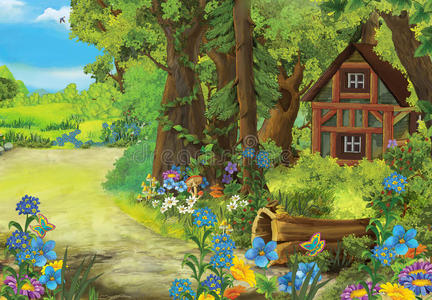 森林里老房子的卡通自然场景