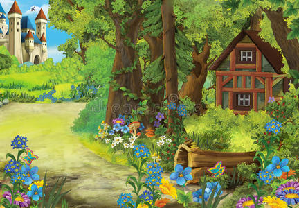 卡通自然场景与旧房子在森林和城堡在他的背景