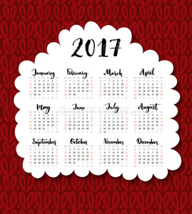 2017年日历。 星期从星期天开始。 一张手写的月。 矢量模板上手绘红色针织