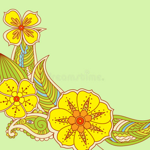 五颜六色的花在梅亨迪风格的绿色背景上。