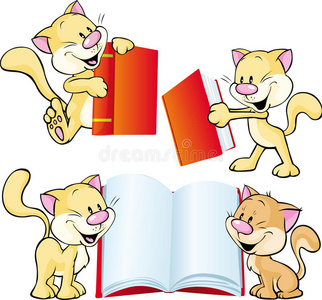 欢快的猫玩和学习红色的书载体
