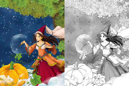 卡通场景为不同的童话-年轻美丽的女巫施法-美丽的漫画女孩-着色页面