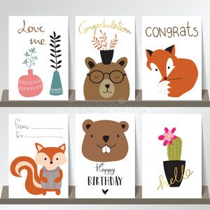 五颜六色的横幅，传单，海报与狐狸，树，仙人掌，熊和松鼠