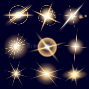 创造性的概念矢量集的辉光效应恒星爆发与火花隔离在黑色背景。 为了