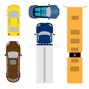 一套五辆车。 跑车，敞篷车，旅行车，货车，公共汽车。 从上面看。 插图