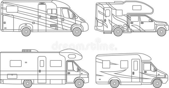 着色页。 设置不同的轮廓车，旅行拖车平面线性图标在白色背景。 现代的