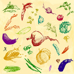 手绘涂鸦食物，蔬菜。 彩色物体，黄色水彩无缝背景。