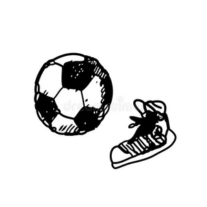 手绘涂鸦足球比赛，胶鞋。 黑色钢笔，白色背景。 体育学校儿童活动。