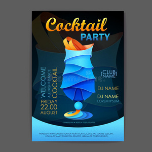 迪斯科鸡尾酒会海报。 三维鸡尾酒设计。