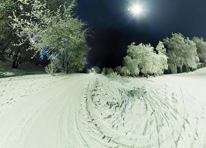弯曲的道路在树木上覆盖着霜和雪的胜利