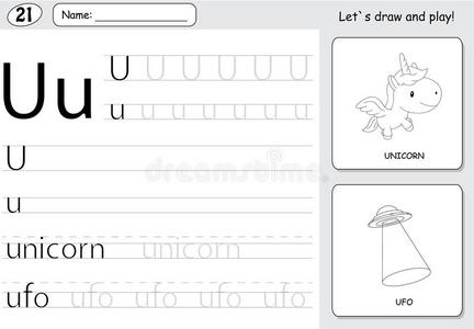卡通独角兽和UFO。 字母追踪工作表为孩子编写az和教育游戏