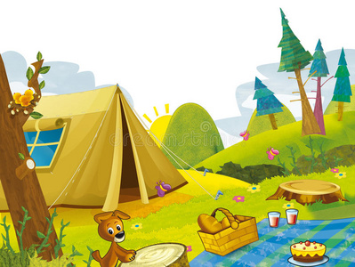 在山上露营的卡通场景帐篷和狗
