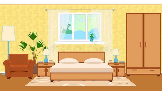 扁平风格的奥特尔房间内部与家具，室内植物，海洋