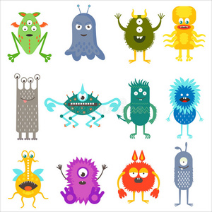 卡通可爱的颜色动物怪物外星人设置