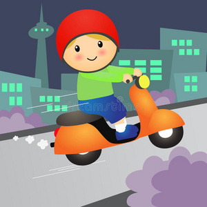 卡通男孩骑摩托车滑板车。 矢量插图。