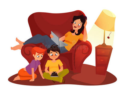 女孩正在看在线电影。 白色背景的卡通插图，年轻母亲在家工作