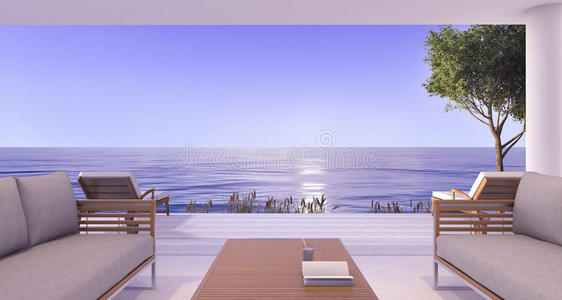 三维渲染室内别墅近海黄昏场景与浪漫色调