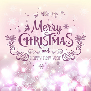 圣诞和新年印刷在闪亮的圣诞背景上，有雪花，灯光，星星。矢量图。圣诞节
