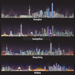 上海广州香港和北京天际线的抽象矢量插图