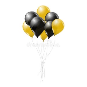 白色背景上的黑色和黄色透明氦气球。 飞乳胶气球。