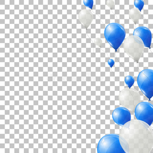 透明背景上的蓝色和白色氦气球。 飞乳胶气球。