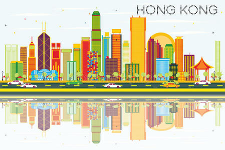 抽象的香港天际线与彩色建筑，蓝天和Re