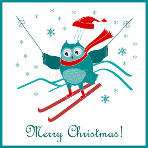有趣可爱的滑雪猫头鹰。 新年和圣诞卡。