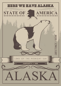 阿拉斯加美国旅游横幅。复古风格北极熊海报