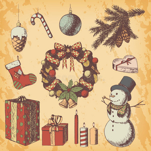 圣诞节或新年手绘彩色矢量插图。 属性和符号素描，复古风格，雪人