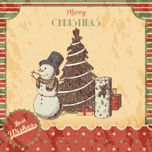 圣诞节或新年手绘彩色矢量插图卡片，海报。 戴着高帽子圣诞树和礼物的雪人
