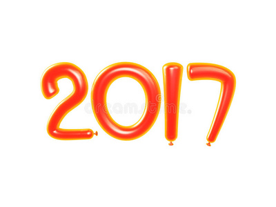 2017年快乐新年气球的三维插图。 快乐的新年背景与橙色数字气球。 在白色上隔离