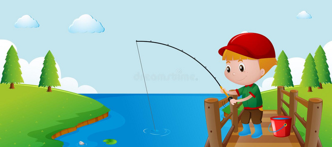 男孩在桥上钓鱼