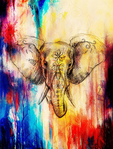 大象带花饰，铅笔画在纸上。 颜色效果和计算机拼贴。