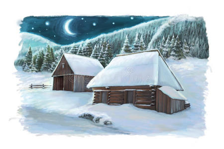 圣诞节冬天的快乐场景与木屋在山上晚上