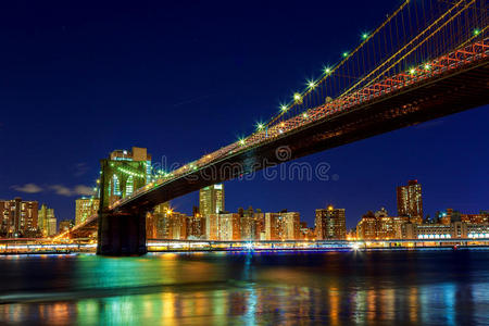 布鲁克林大桥东河在纽约曼哈顿夜晚