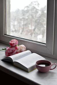 舒适的家庭静物一杯热咖啡，春天的鲜花，打开的书与温暖的格子在窗台上抵御雪