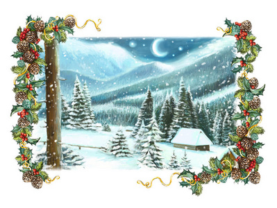 圣诞节冬天的快乐场景与木屋在山上晚上