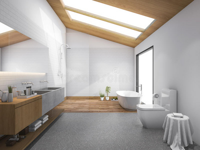 三维渲染天窗木屋顶与现代设计浴室和厕所