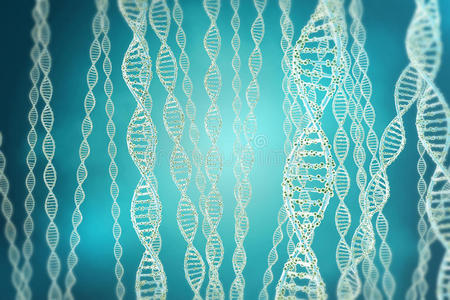 蓝色背景下DNA结构的生物化学概念。 三维渲染医学概念。