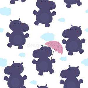 可爱的河马带着卡通风格的雨伞。 模式。