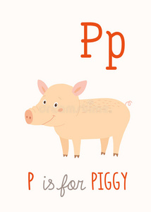 农场动物字母表p为猪。 ABC儿童墙艺术。 卡片。 托儿所海报。