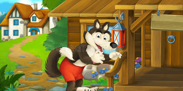 卡通有趣的场景与狼在木屋前